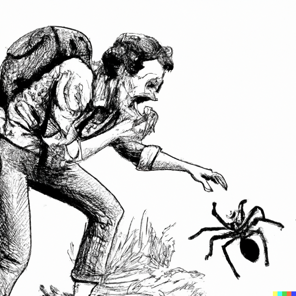 a tiny spider biting a tourist drawn in the style of a 1800's naturalist