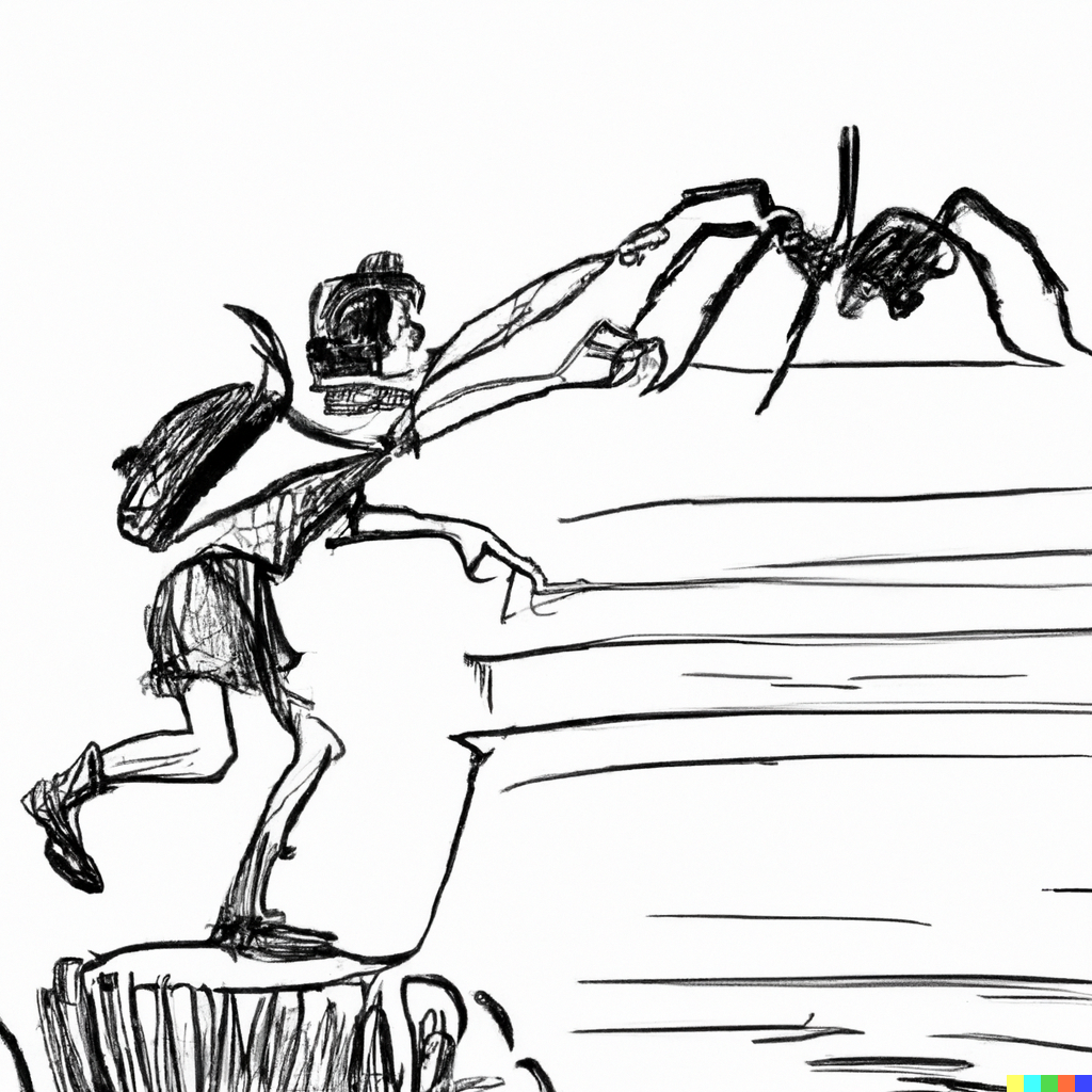 a tiny spider biting a tourist drawn in the style of a 1800's naturalist